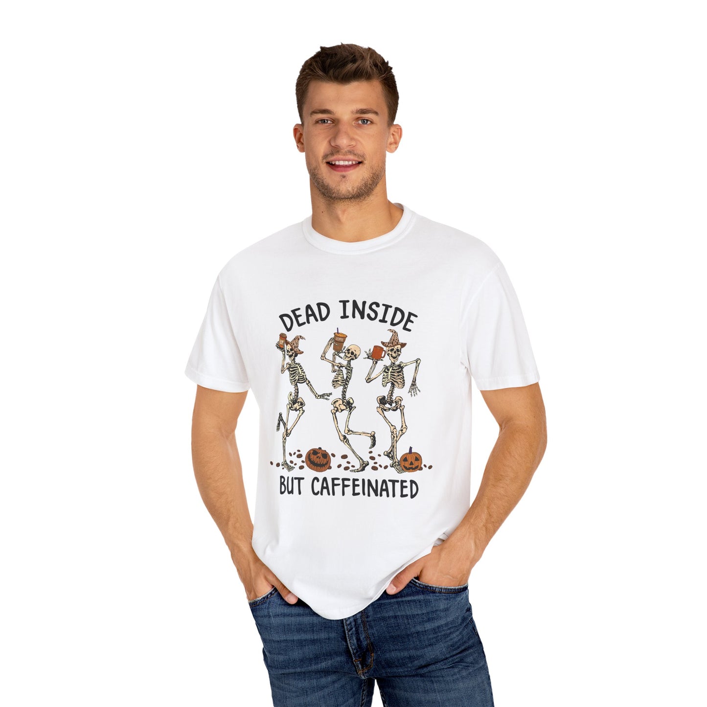 Caffeinated Skeleton Unisex T-Shirt for Halloween Fun, Cute Halloween Shirt, Skeleton Graphic Tee, Fall Outfit, Gifts for Coffee Lovers