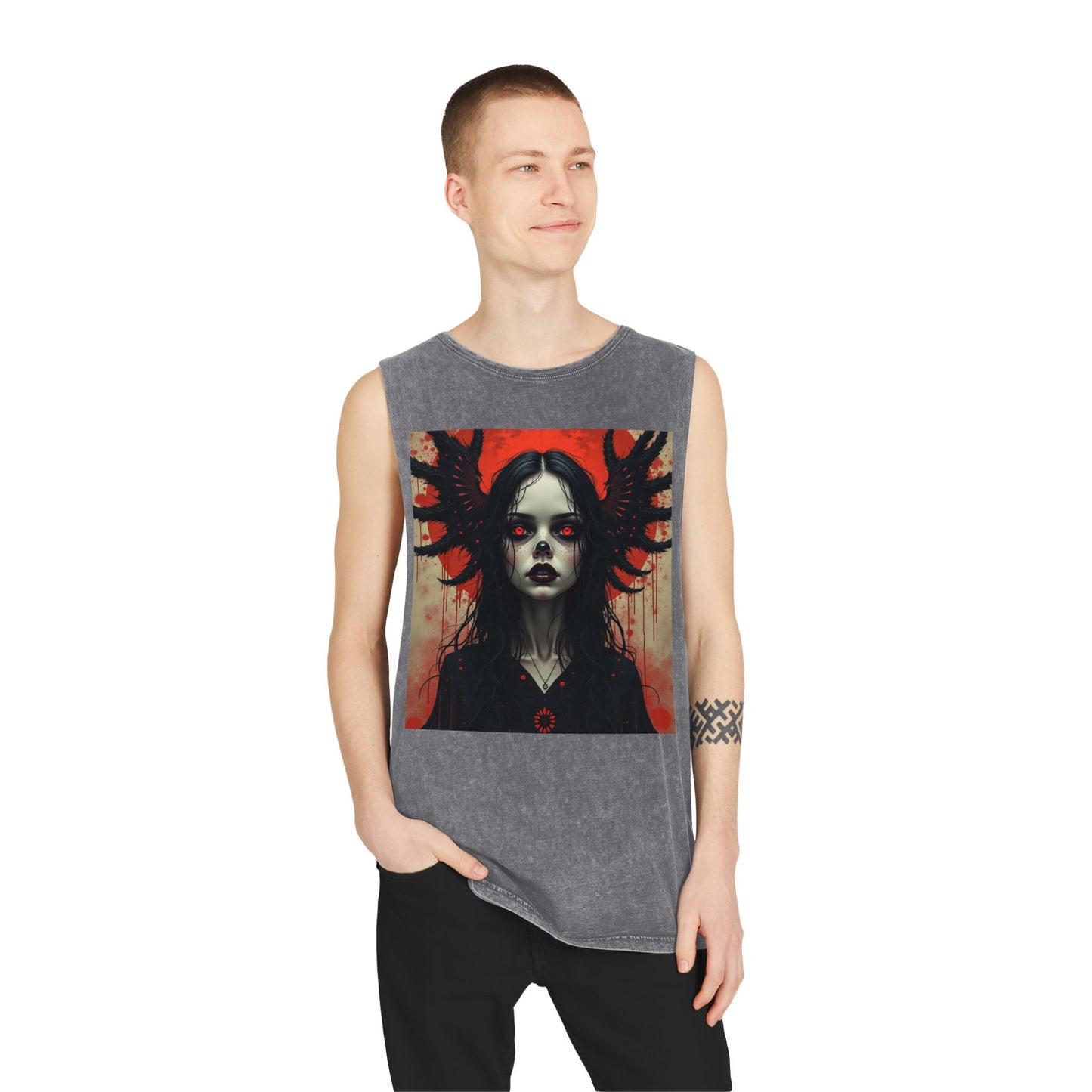 Gothic vampire Graphic Tank Top, Edgy Unisex Stonewash Muscle Tee, Alternative Fashion Top, Summer Casual Wear, Festival Outfit