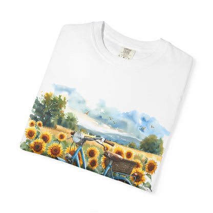Sunflower Bicycle T-Shirt, Summer Tee, Casual Wear, Eco-Friendly Gift, Vintage Style Tee, Unisex Plant Lover Shirt