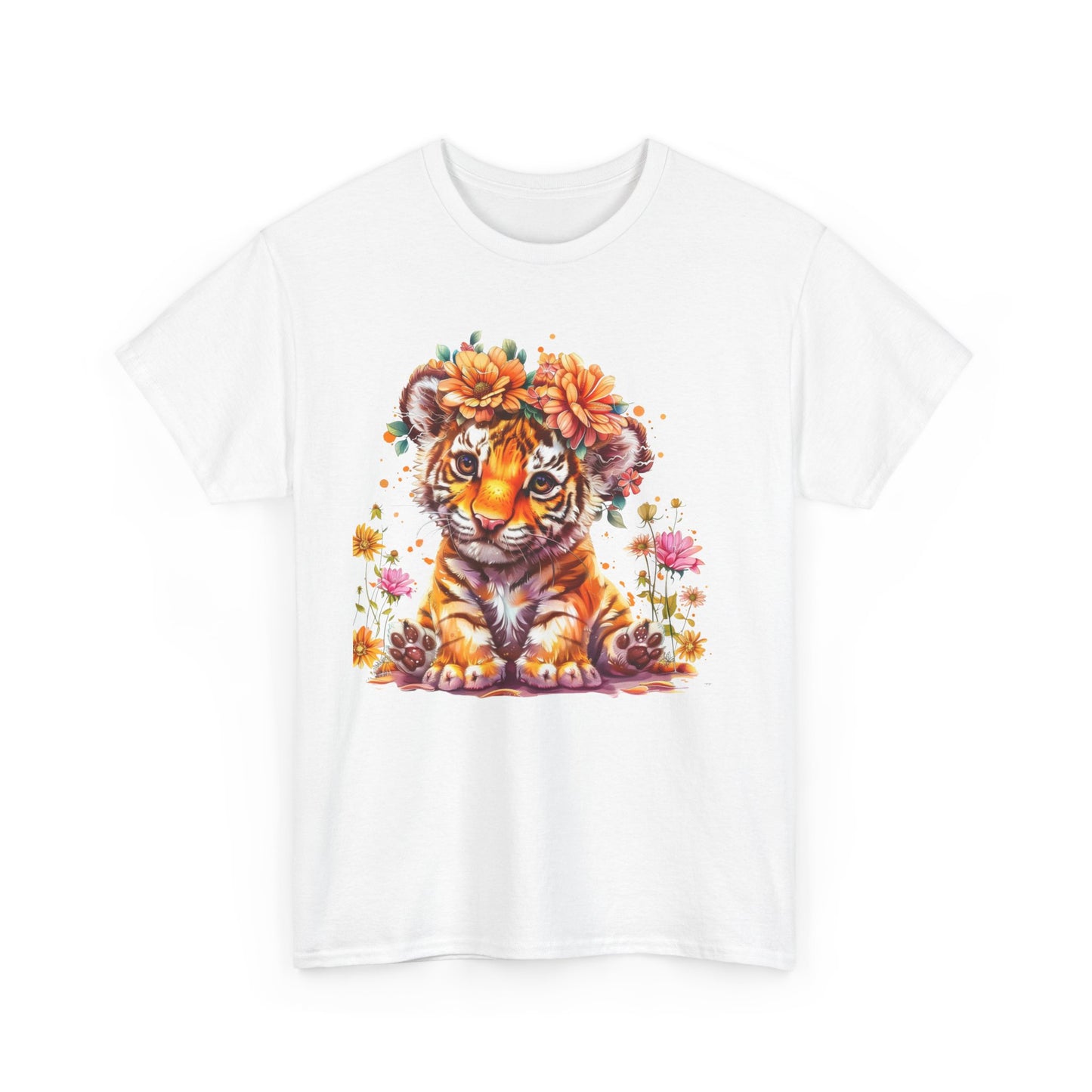 Cute Tiger Floral Unisex Heavy Cotton Tee, Animal Lover Gift, Summer T-Shirt, Wildlife Shirt, Nature Apparel, Birthday Gift