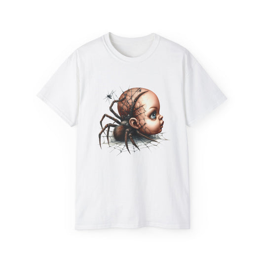 Creepy Doll Spider Tee, Unisex Horror T-Shirt, Halloween Graphic Tee, Unique Gift for Collectors, Spooky Fashion Statement