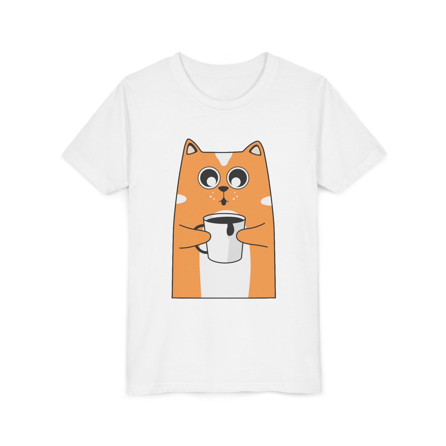 Cute Cat Graphic Youth Tee with Coffee Mug | Adorable Gift for Cat Lovers, Fun Everyday Wear, Birthday & Holiday Present, Kid's Apparel