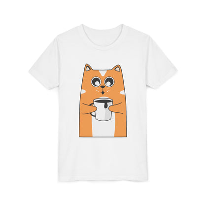 Cute Cat Graphic Youth Tee with Coffee Mug | Adorable Gift for Cat Lovers, Fun Everyday Wear, Birthday & Holiday Present, Kid's Apparel