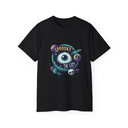 Spooky City Graphic Tee, Unisex Cotton T-Shirt for Halloween, Casual Wear, Graphic Art, Unique Gift, Trendy Style