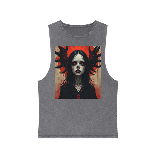 Gothic vampire Graphic Tank Top, Edgy Unisex Stonewash Muscle Tee, Alternative Fashion Top, Summer Casual Wear, Festival Outfit