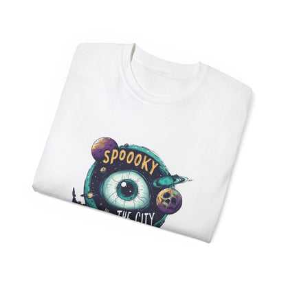 Spooky City Graphic Tee, Unisex Cotton T-Shirt for Halloween, Casual Wear, Graphic Art, Unique Gift, Trendy Style