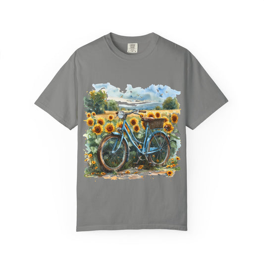 Sunflower Bicycle T-Shirt, Summer Tee, Casual Wear, Eco-Friendly Gift, Vintage Style Tee, Unisex Plant Lover Shirt