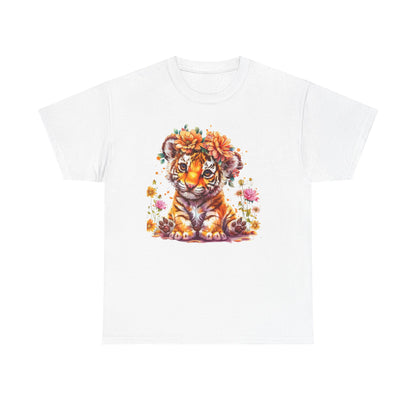 Cute Tiger Floral Unisex Heavy Cotton Tee, Animal Lover Gift, Summer T-Shirt, Wildlife Shirt, Nature Apparel, Birthday Gift