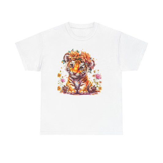 Cute Tiger Floral Unisex Heavy Cotton Tee, Animal Lover Gift, Summer T-Shirt, Wildlife Shirt, Nature Apparel, Birthday Gift