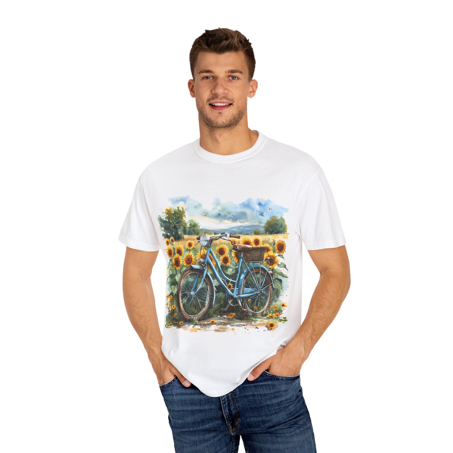 Sunflower Bicycle T-Shirt, Summer Tee, Casual Wear, Eco-Friendly Gift, Vintage Style Tee, Unisex Plant Lover Shirt