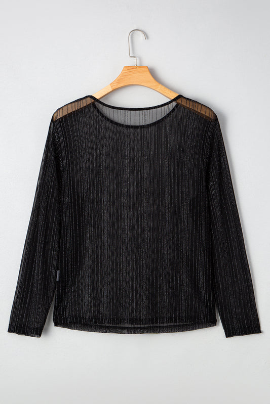 Black Plus Size Shimmer Textured Mesh Fitted Long Sleeve Top