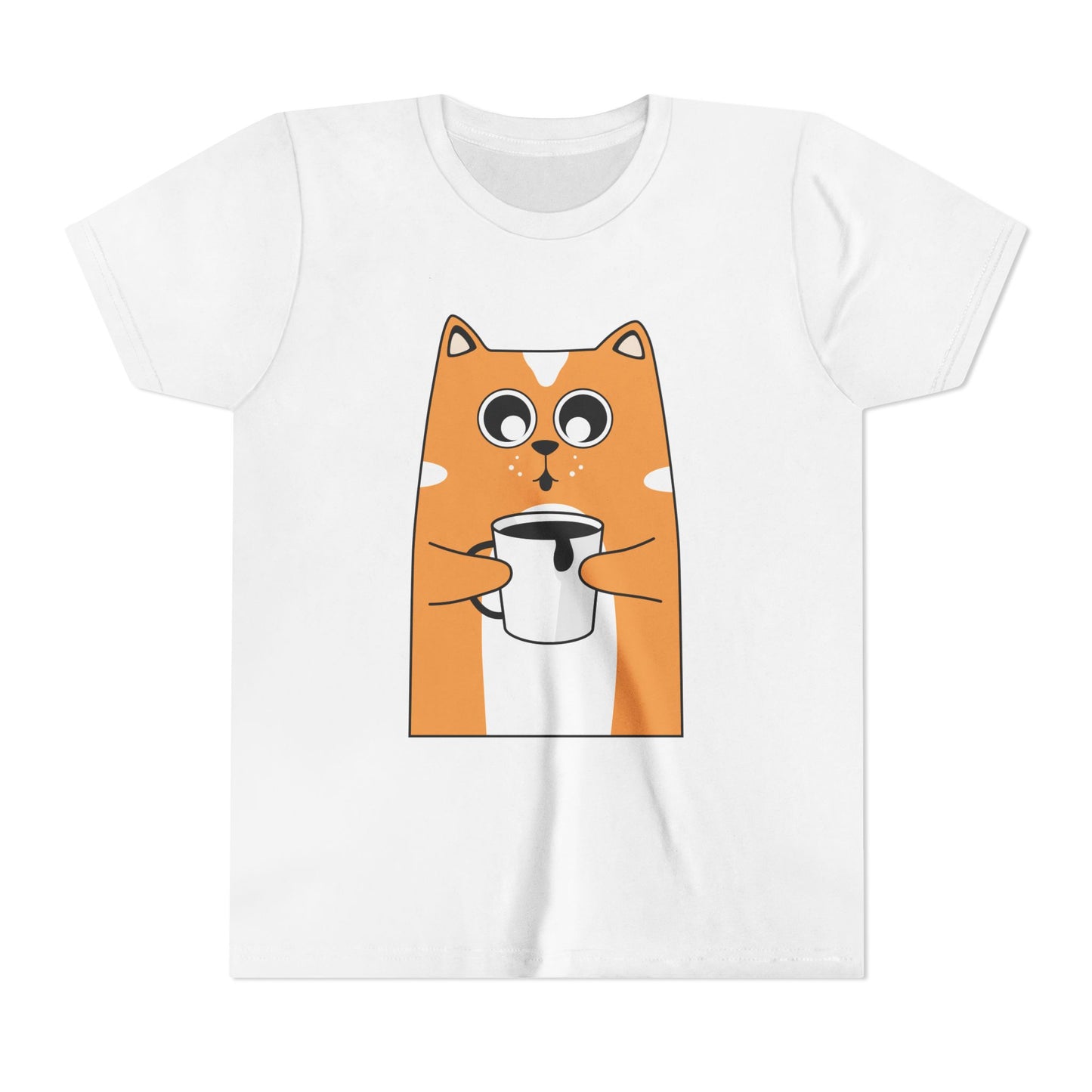Cute Cat Graphic Youth Tee with Coffee Mug | Adorable Gift for Cat Lovers, Fun Everyday Wear, Birthday & Holiday Present, Kid's Apparel