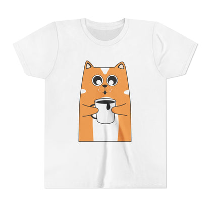 Cute Cat Graphic Youth Tee with Coffee Mug | Adorable Gift for Cat Lovers, Fun Everyday Wear, Birthday & Holiday Present, Kid's Apparel