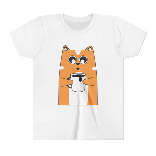 Cute Cat Graphic Youth Tee with Coffee Mug | Adorable Gift for Cat Lovers, Fun Everyday Wear, Birthday & Holiday Present, Kid's Apparel