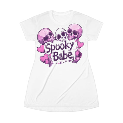 Spooky Babe T-Shirt Dress, All-Over Print Dress for Halloween, Cute Casual Outfit, Gothic Fashion, Gift for Halloween Lovers