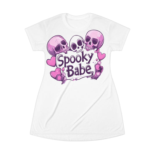 Spooky Babe T-Shirt Dress, All-Over Print Dress for Halloween, Cute Casual Outfit, Gothic Fashion, Gift for Halloween Lovers