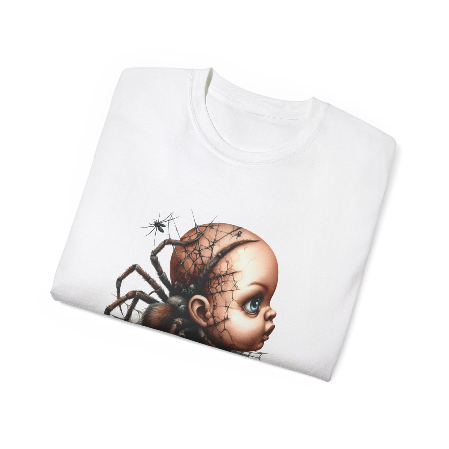 Creepy Doll Spider Tee, Unisex Horror T-Shirt, Halloween Graphic Tee, Unique Gift for Collectors, Spooky Fashion Statement