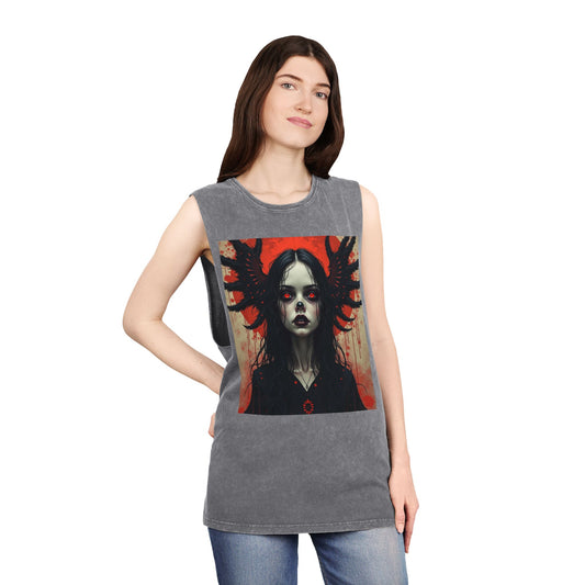 Gothic vampire Graphic Tank Top, Edgy Unisex Stonewash Muscle Tee, Alternative Fashion Top, Summer Casual Wear, Festival Outfit