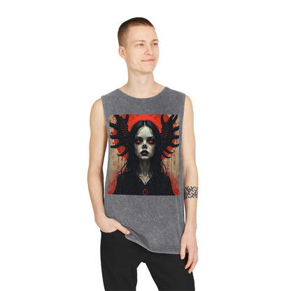 Gothic vampire Graphic Tank Top, Edgy Unisex Stonewash Muscle Tee, Alternative Fashion Top, Summer Casual Wear, Festival Outfit