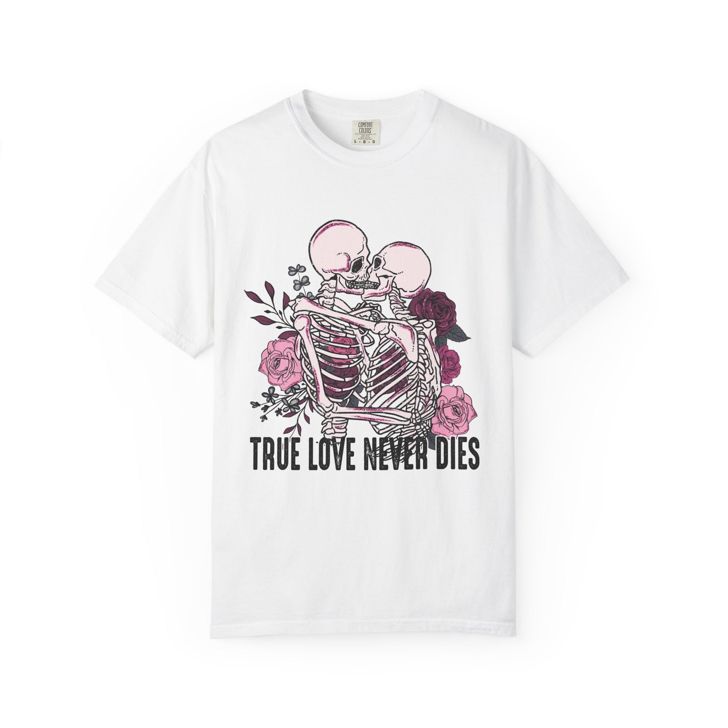 True Love Never Dies Skeleton T-Shirt, Cute Romantic Tee for Couples, Boho Style Gift, Halloween Wear, Everyday Casual Top