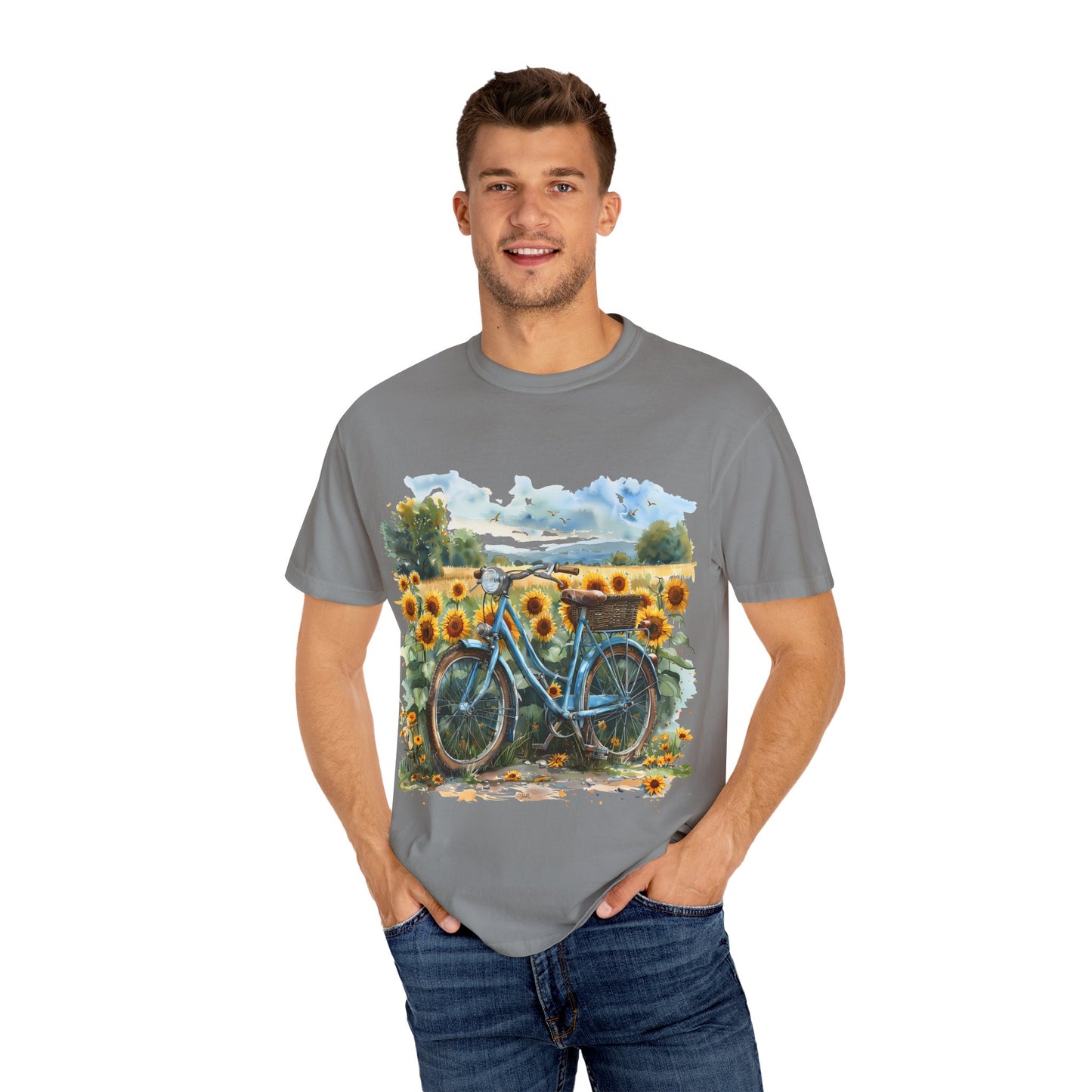 Sunflower Bicycle T-Shirt, Summer Tee, Casual Wear, Eco-Friendly Gift, Vintage Style Tee, Unisex Plant Lover Shirt
