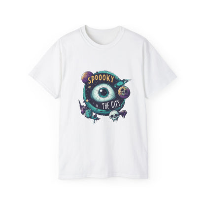 Spooky City Graphic Tee, Unisex Cotton T-Shirt for Halloween, Casual Wear, Graphic Art, Unique Gift, Trendy Style