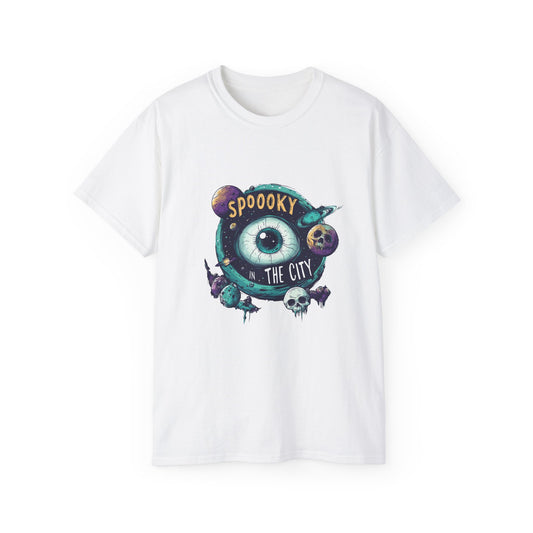 Spooky City Graphic Tee, Unisex Cotton T-Shirt for Halloween, Casual Wear, Graphic Art, Unique Gift, Trendy Style