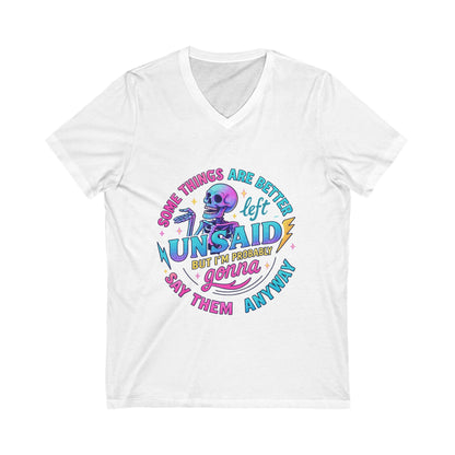 Colorful Skeleton Graphic Tee, Unisex V-Neck Shirt, Fun Casual Wear, Gift for Friends, Halloween Top, Everyday Humor T-Shirt