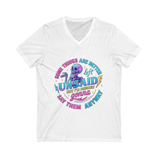 Colorful Skeleton Graphic Tee, Unisex V-Neck Shirt, Fun Casual Wear, Gift for Friends, Halloween Top, Everyday Humor T-Shirt